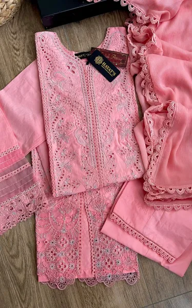 Pakistani Original Hayat’s Luxury Embroidered Stitched Cotton 3Pcs _ Pink 